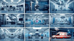 Godavari Hospital: Best hospital in Rajahmundry for Neuro, Cardiac & Critical Care Excellence Collage of advanced medical facilities at Godavari Hospital Rajahmundry with labeled equipment including Cath Lab, microscope, C-arm, laminar OT, and ICU