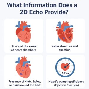 2D Echocardiogram (2D Echo) Test in Rajahmundry | Godavari Hospital Infographic showing details a 2D Echocardiogram provides — chamber size and thickness, valve function, detection of clots or fluid, and heart pumping efficiency — from Godavari Hospital Rajahmundry.