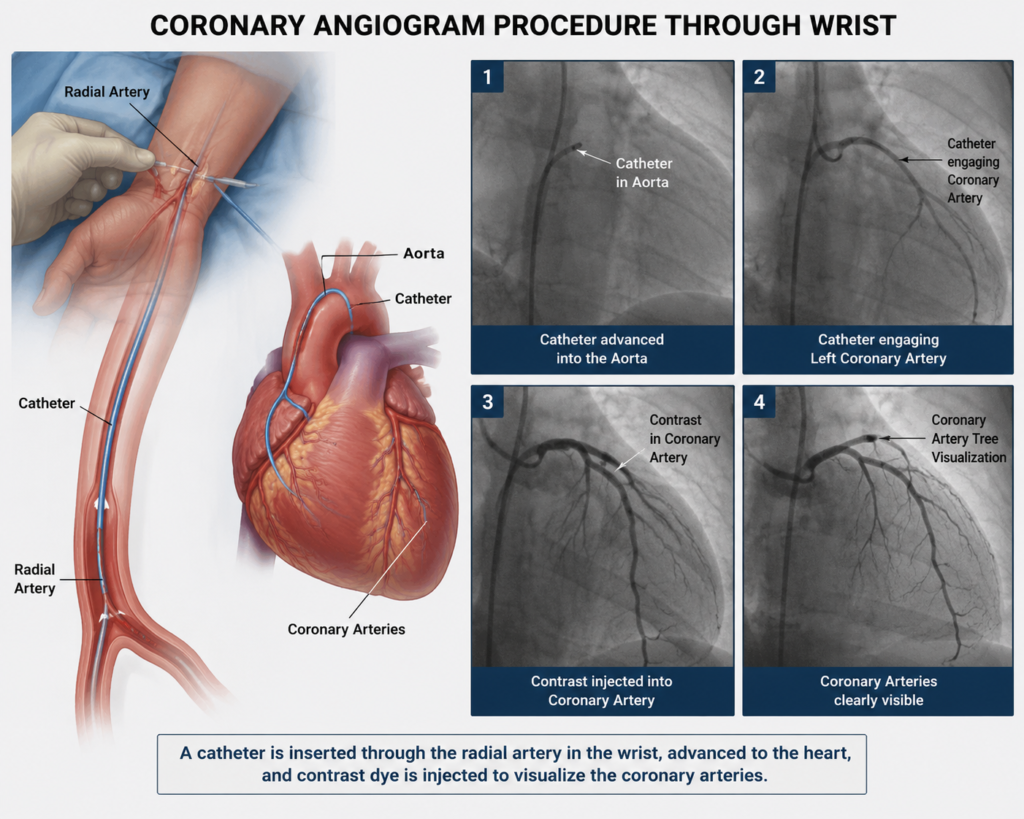 Angiogram Cost in Rajahmundry Coronary angiogram through wrist showing catheter entering the radial artery and advancing into the coronary artery
