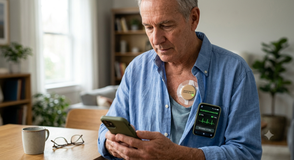 Holter Test in Rajahmundry An older man looking at a smartphone app connected via Bluetooth to a wireless Holter patch monitor attached to his upper chest.